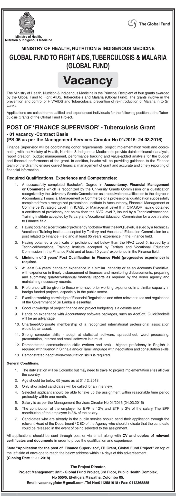 Finance Supervisor - Ministry of Health, Nutrition & Indigenous Medicine